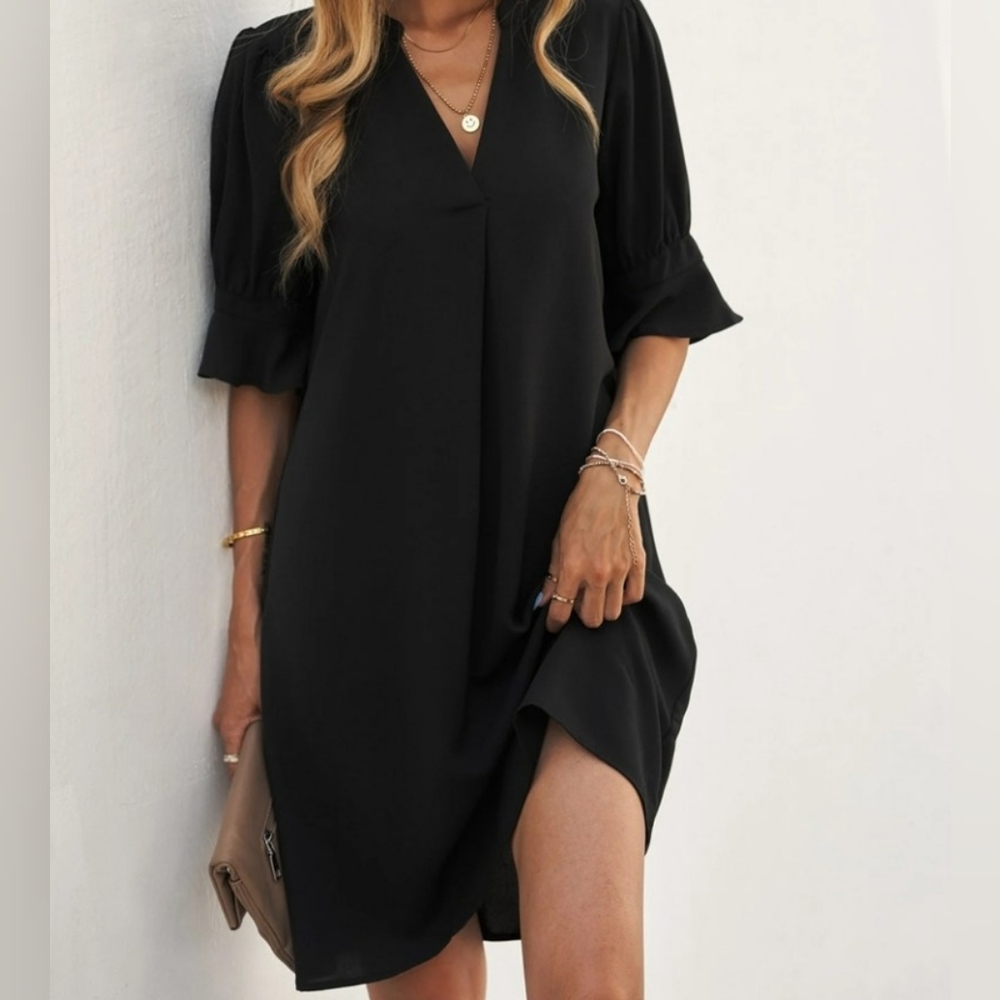 Vee Neck Short Sleeve Tunic Dress Black Size XL - Picture 2 of 9